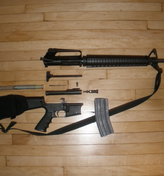 An Armalite AR-15 stripped down, showing receiver, clip, firing pin, barrel, etc.