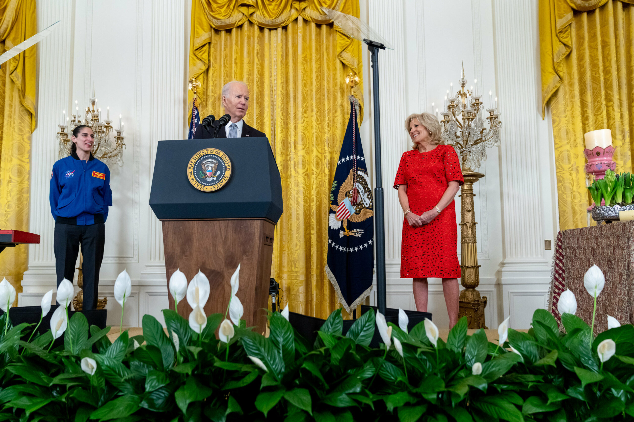 Joe Biden (then-President), with FLOTUS Jill Biden and Astronaut Jasmin Moghbeli