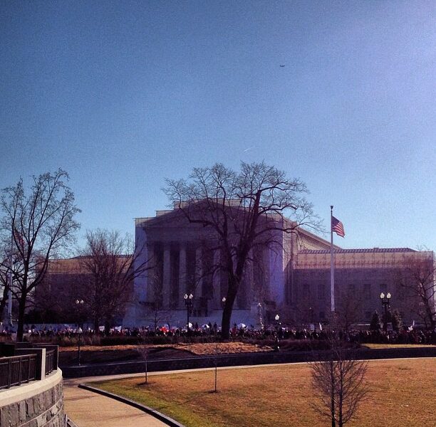 The courthouse of the Supreme Court of the United States, as seen from the Capitol in the springtime of 2013
