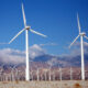 A wind farm with many active wind turbines