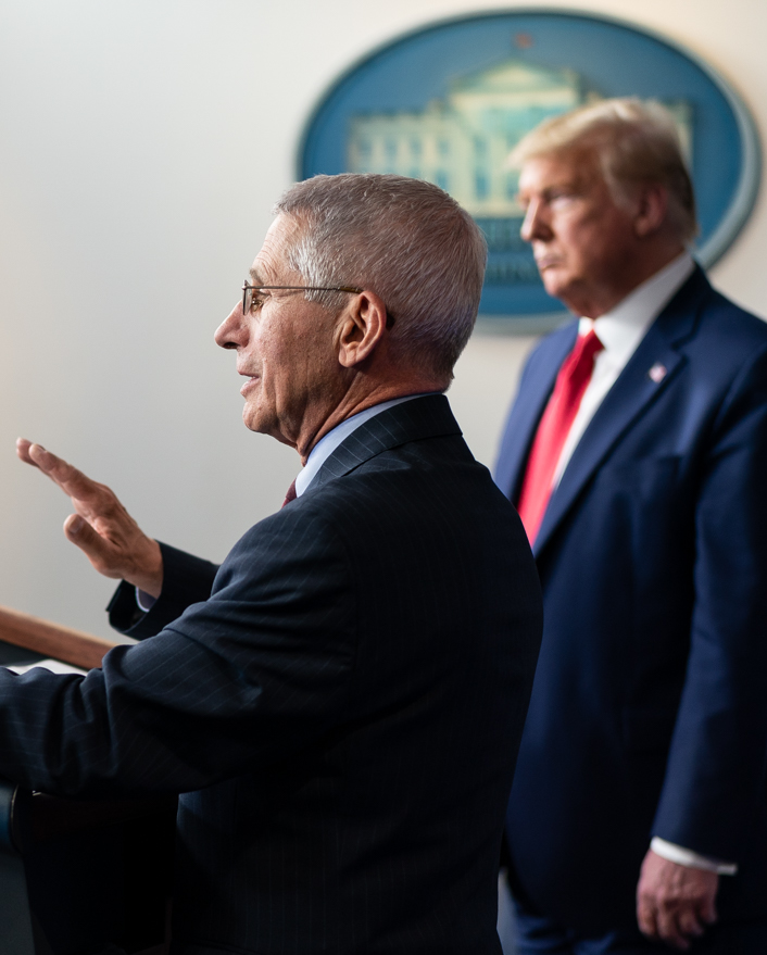 Anthony Fauci (foreground) and Donald Trump