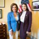 Representative Alexandria Ocasio-Cortez (D-N.Y.) poses with Rep. Nancy Pelosi (D-Calif.), then Speaker of the House, in the Speaker's office.