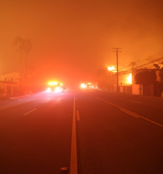 Looking down a street during the Palisades Fire