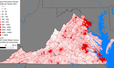 Virginia, showing population density in various governing units