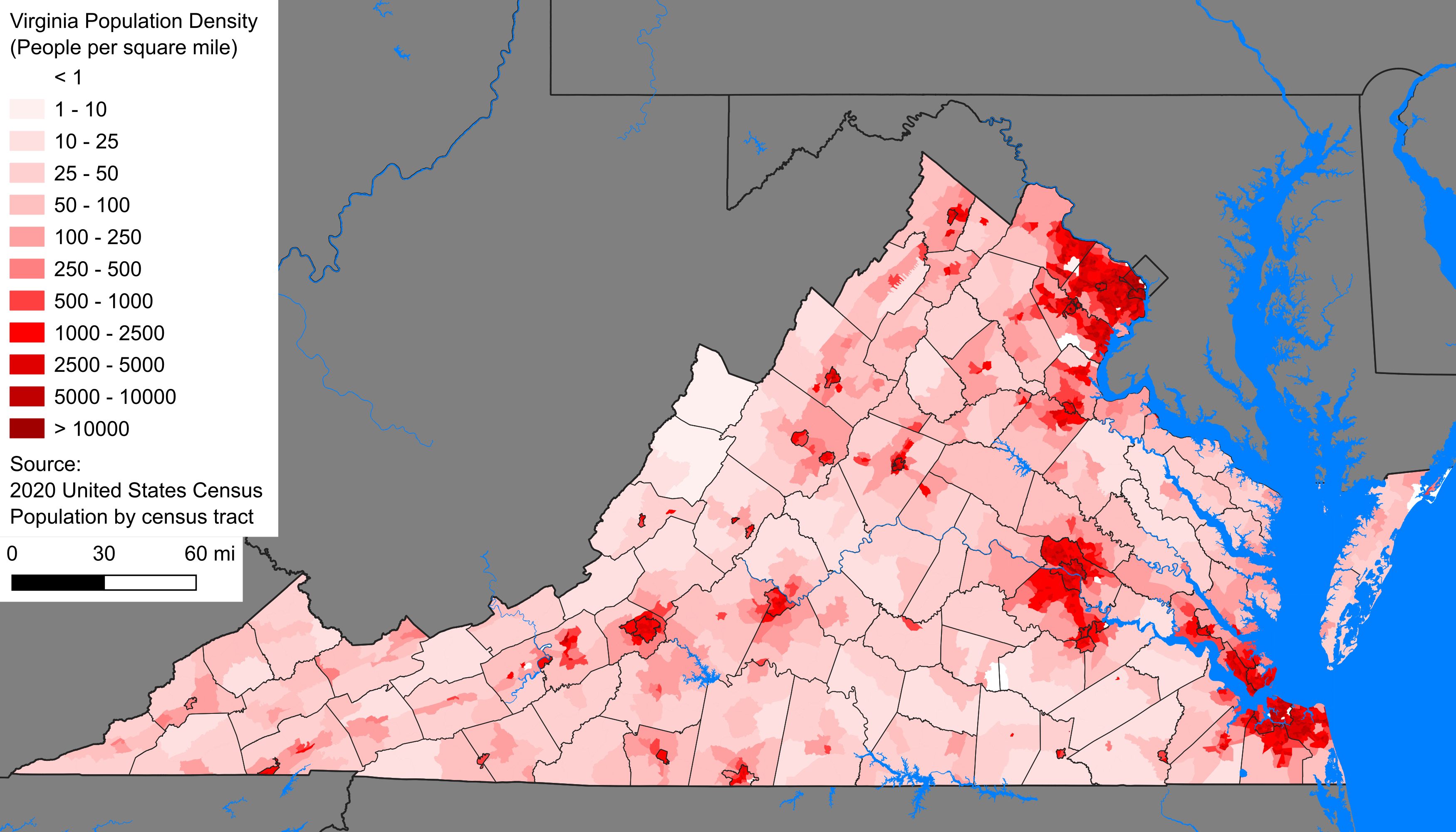 Virginia, showing population density in various governing units